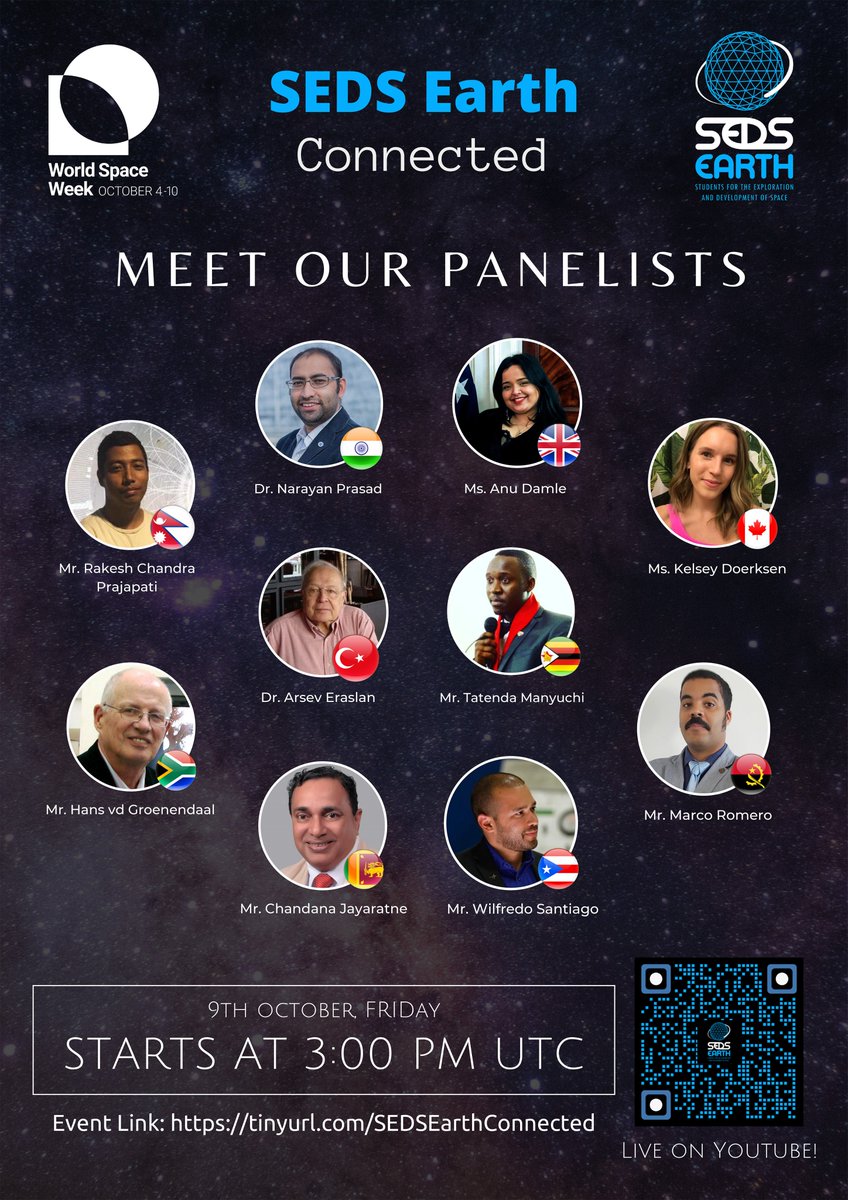 Meet our Panelists from all corners of the world on our event "SEDS Earth Connected"

Join and listen in to an exciting panel discussion about how satellites improve life here on Earth.

Join us live on Youtube! 

tinyurl.com/SEDSEarthConne…

#seds #WSW2020 #satellitesimprovelife