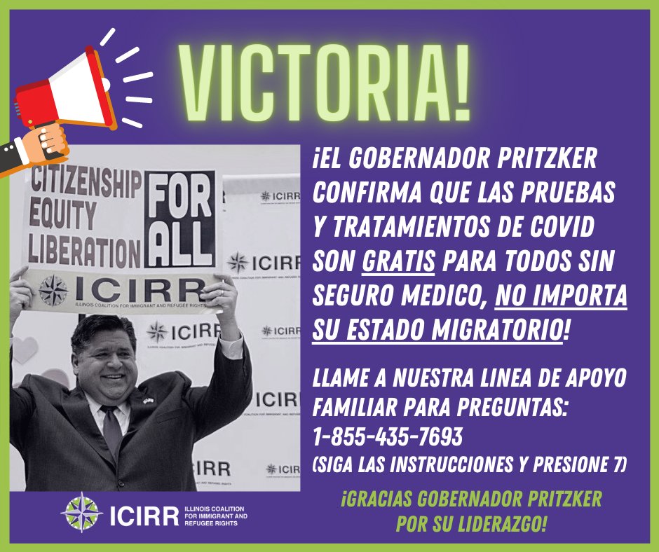 icirr's tweet photo. Hoy, el Gobernador Pritzker confirmó que las pruebas y el tratamiento de Covid son GRATIS para todos los que sin seguro medico, sin importar su estado migratorio. ¡Aplaudimos al Gobernador Pritzker por su liderazgo!  👏 https://t.co/PLNg17iAP9