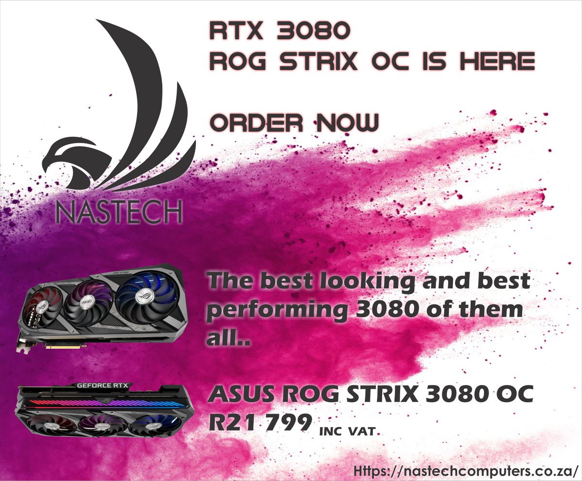 NastechPCs's tweet image. This is a big one, THE BEST 3080 out there ! Available for order now 😎 
nastechcomputers.co.za
#nastechcomputers #rtx3000series #rtx3000 #shoponline #supportlocal #asus #rogstrix
