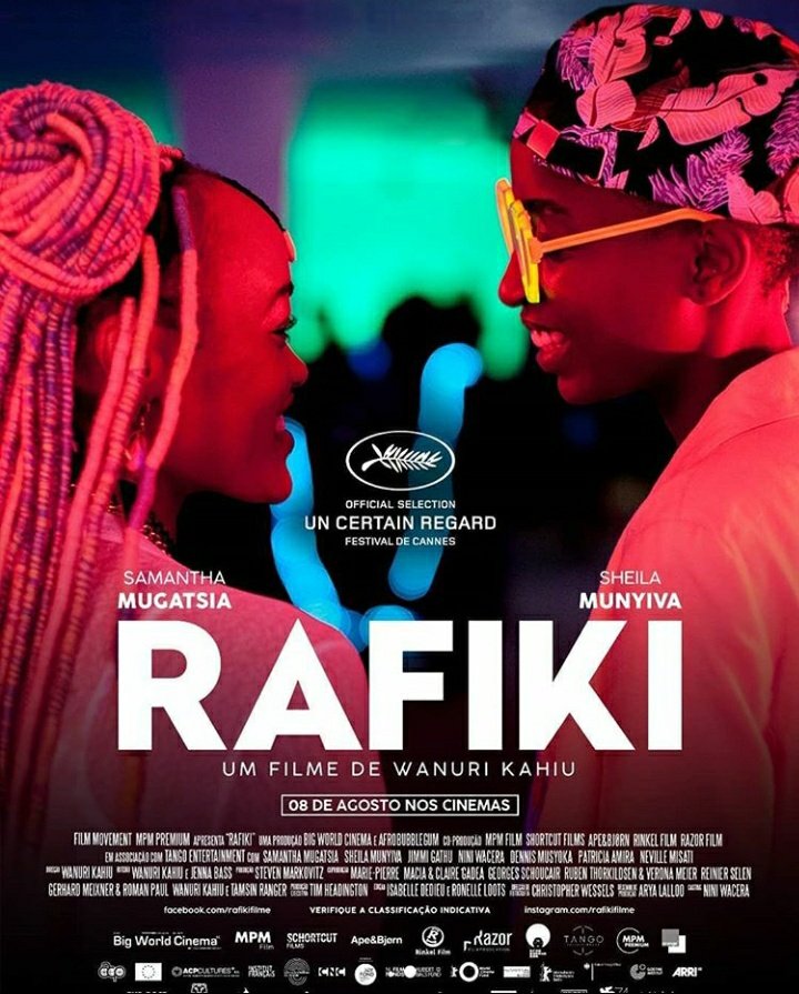 Rafiki (2019) - Romance/DramaKena e Ziki são um casal lésbico que precisam escolher se vão viver um amor intensamente, desafiando as leis do Quênia.