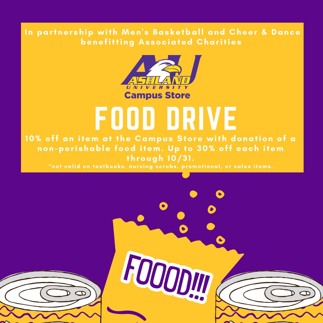 We are so excited to team up with <a href="/TuffysBookstore/">TuffysBookstore</a> &amp; <a href="/aucheeranddance/">Ashland University Cheer and Dance</a> for this great cause benefitting Associated Charities! 

Drop off your items at the bookstore and get your discount, today! 🏀📣📚