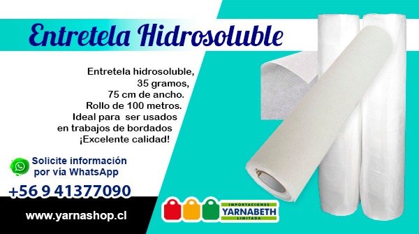 Importaciones Yarnabeth Limitada on X: Éntrelas hidrosoluble Presentación  de 30 gramos, Rollos de 100 metros comunícate al WhatsApp +56941377090 ¡Te  aseguramos calidad, resistencia y durabilidad! #entretelas #chile  #yarnabeth  / X