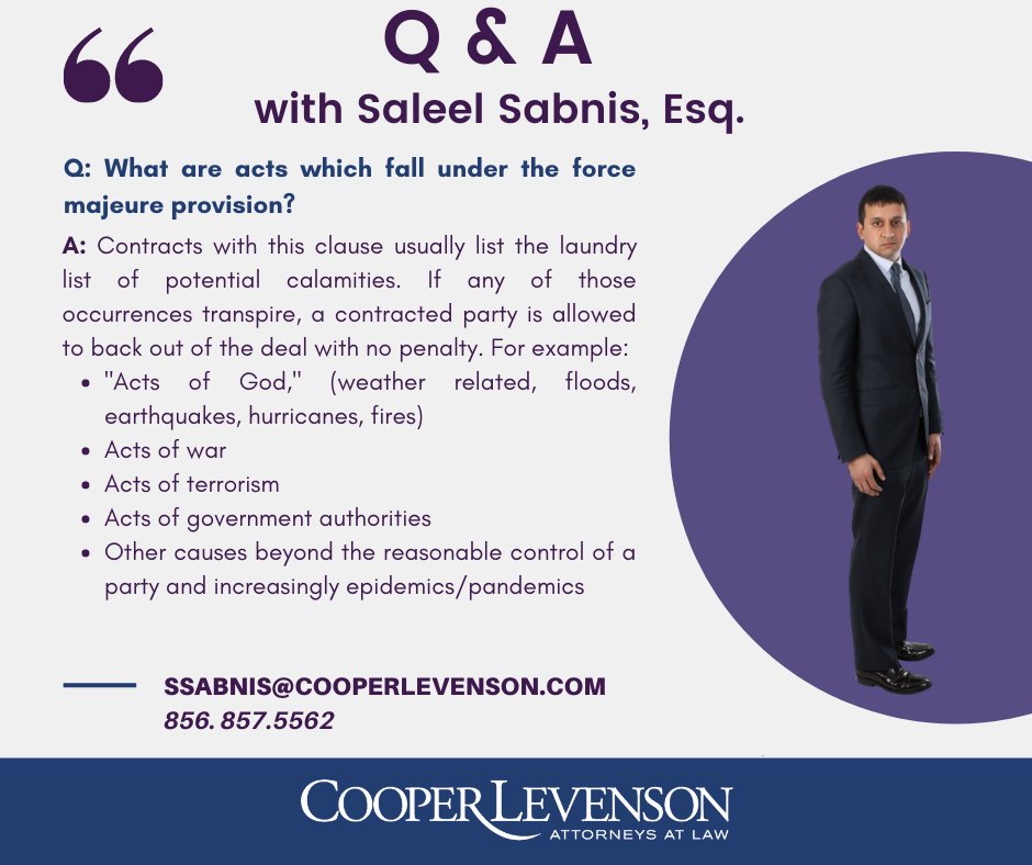 Today Saleel Sabnis answers another question on what you need to know about force majeure during a pandemic. Check out all of this weeks questions on the blog:

blog.cooperlevenson.com/pandemic-times…
