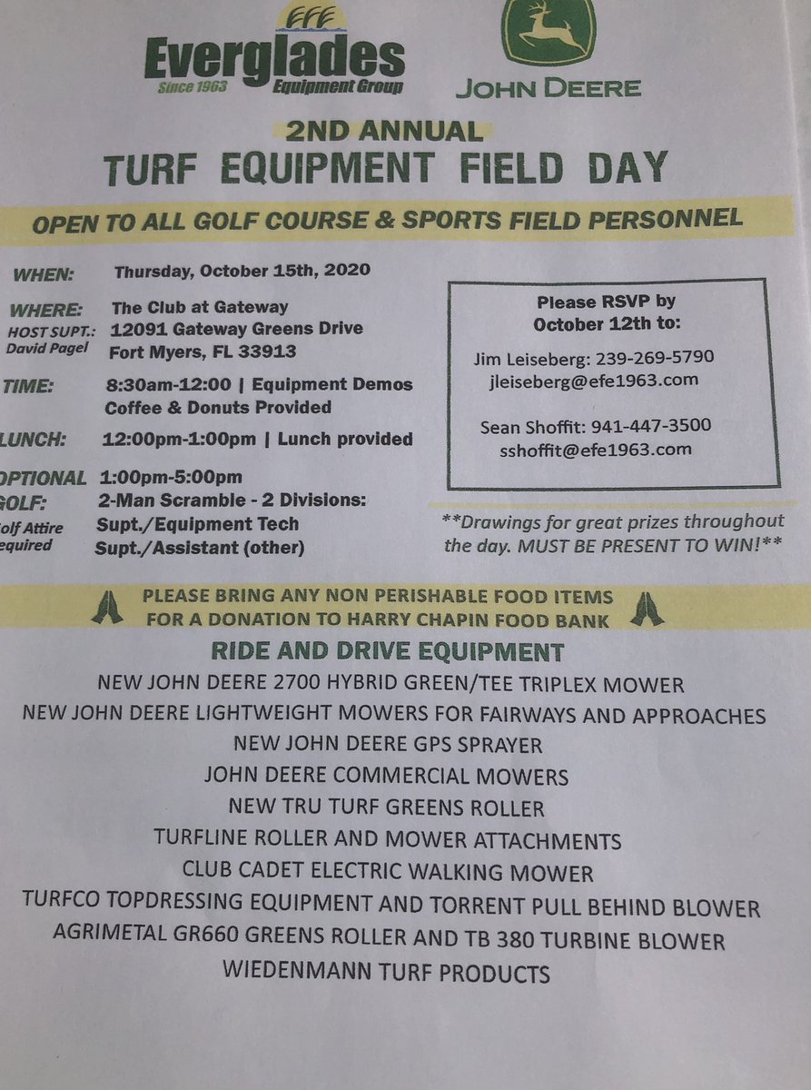 There is still time to register for our 2nd Annual Demo Field Day on Oct. 15th in SW Florida. SIP Grinders will also be onsite doing demos. Bring your Equipment Tech. This is a hands on and fun event w/🏌️‍♀️ <a href="/EEGGolfAndTurf/">Everglades Equipment Group Golf Division</a>