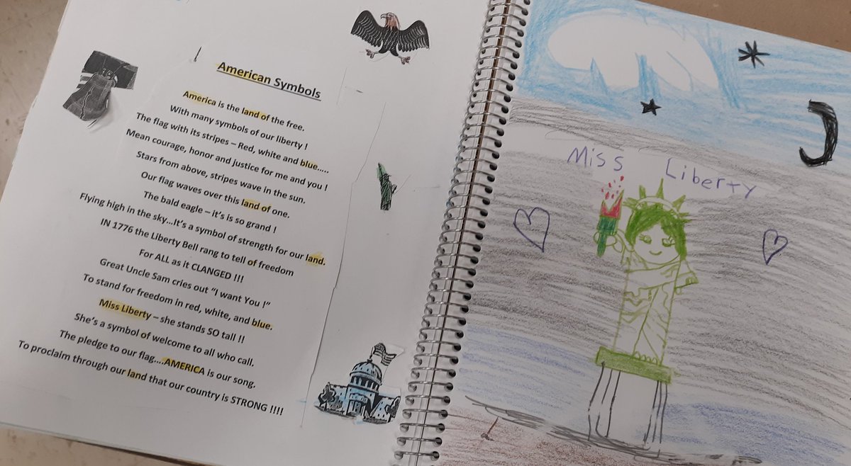 LynnCetta's tweet photo. 🗽🇺🇸 ~ So...we've been studying American symbols in Room #218 @GenevaNSS...AND check out these AMAZING illustrations that went with our poem!! #socialstudies #msv281 #NSSrising #secondgrade #missliberty🗽 #redwhiteandblue🇺🇸 #proudteacher https://t.co/JosXSr3gJt