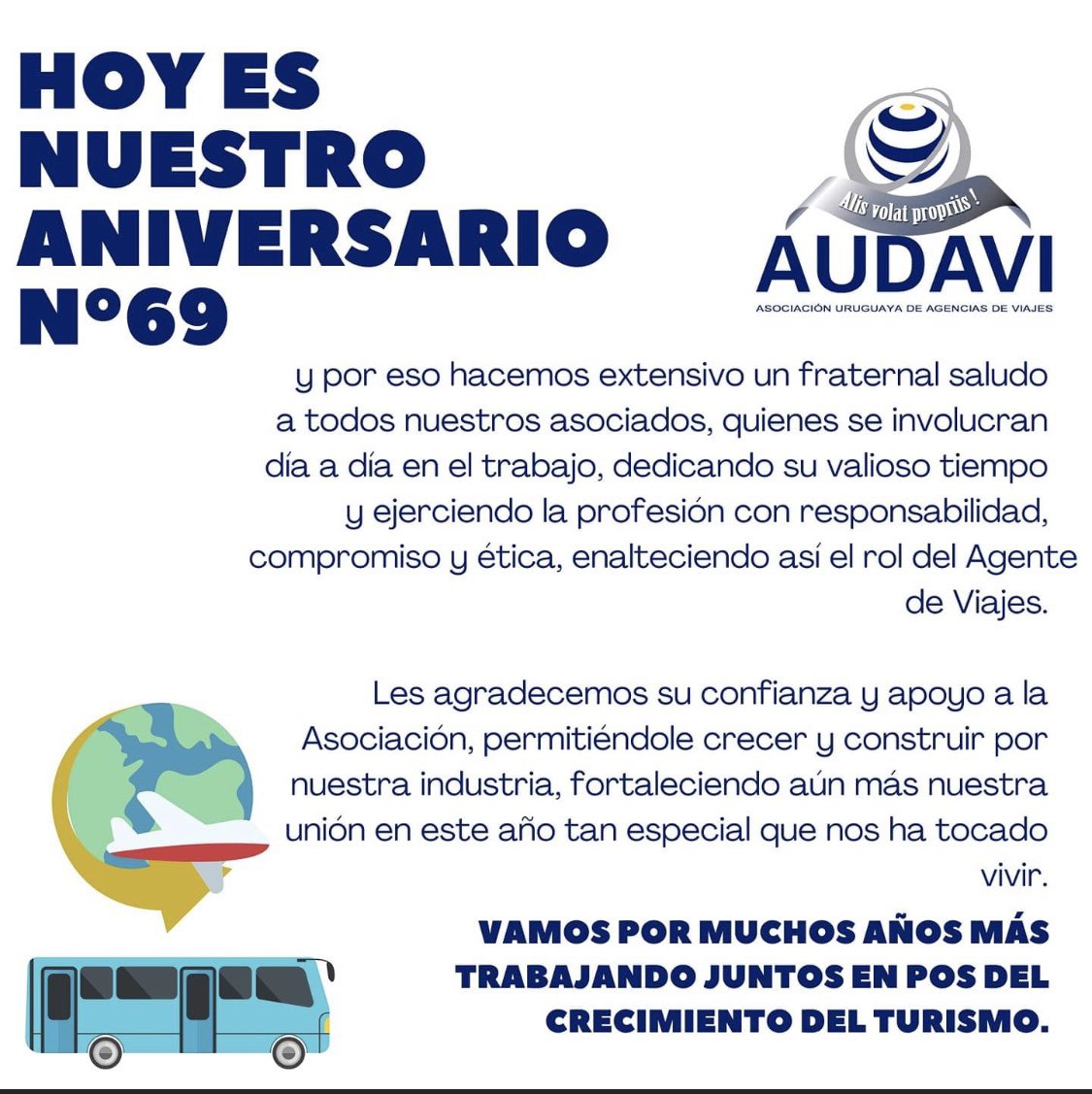 Nuestros saludos y reconocimiento por su aporte invalorable a <a href="/AUDAVI_/">AUDAVI</a>, a su Presidente Carlos Pera y todos sus asociados en su 69o aniversario. <a href="/CamturUruguay/">CAMTUR Uruguay</a>
