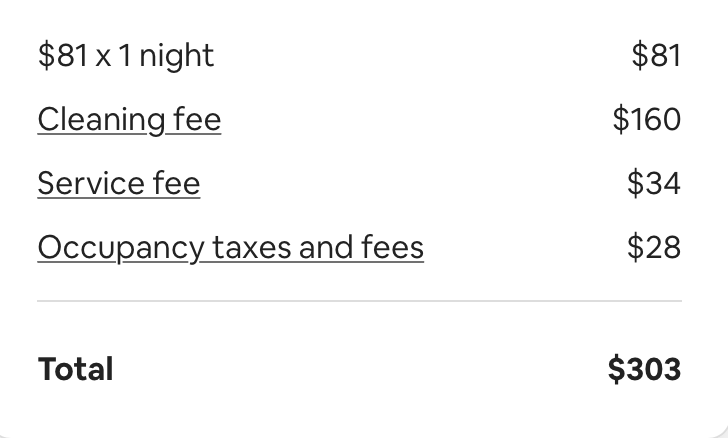 Airbnb is become unbearably unaffordable with all the fees on top, cleaning fees way way out of hands anytime I have checked.