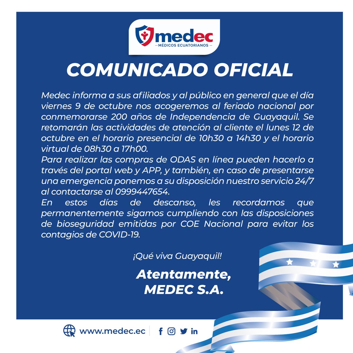 Medec_ec's tweet photo. Comunicado oficial por feriado nacional. Les recordamos que en caso de una emergencia tenemos nuestro servicio 24/7, llamando al 0999447654.

Recuerde considerar las medidas de bioseguridad en estos días de descanso. https://t.co/IbMgs3ZLHe