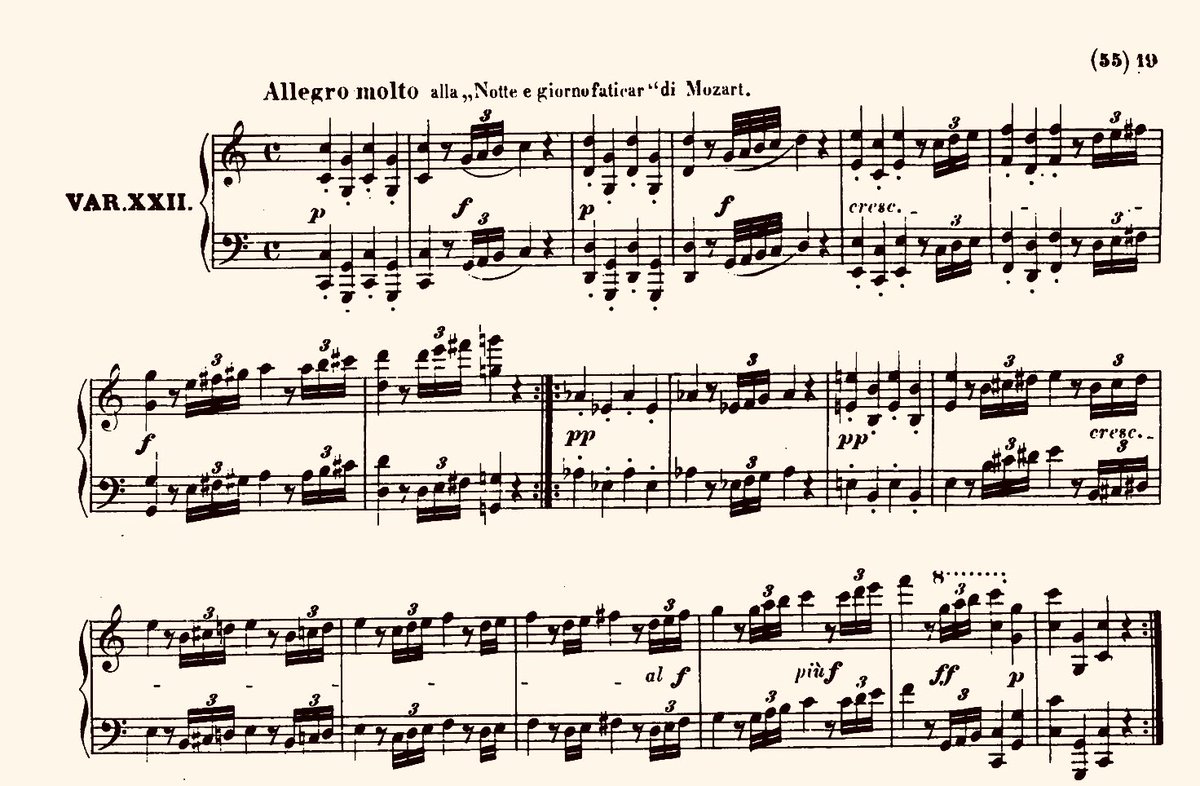 This becomes a necessity, as many of the variations in this set barely recall the basic material (no. 22 is even a parody of “Notte e giorno faticar” from Mozart‘s Don Giovanni). The vast differences between variations necessitates this type of structural anchoring.16/50