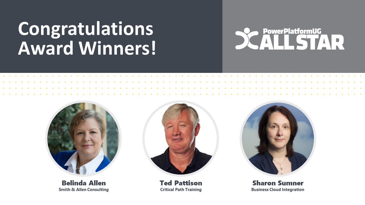 A big congratulations to the newest <a href="/PowerPlatformUG/">PowerPlatformUG</a> #AllStars <a href="/MsBelindaAllen/">Belinda Allen (She/Her)</a> , <a href="/TedPattison/">Ted Pattison</a>, <a href="/Sharon__Sumner/">Sharon Sumner | MVP+RD | #Cambsppug</a>. We’re so thankful you share your knowledge with the #community. Thanks for all that you do. Join us in congratulating them.
