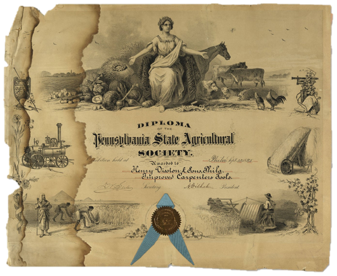 Here's an 1885 certificate of the PA State Ag Society. It contrasts slavery and technological backwardness on the bottom left with individual freedom and tech progress (in the form of a mechanical reaper) on the bottom right. Power source is a horse.  https://digital.librarycompany.org/islandora/object/digitool%3A64401