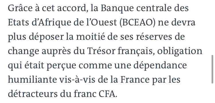 Or about the fact that from their independence until this year, France forced African states to use the franc CFA currency (guaranteed by the French Treasury) and to place 65% of their foreign exchange reserves in an account in the French Treasury. 6 African countries still do.