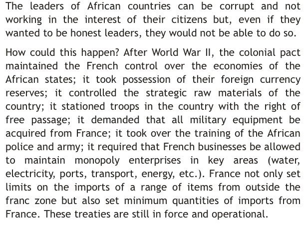 Or about the relationship that France maintains with its former colonies, through which it backs its client corrupt African leaders who ensure the countries’ dependence on its conditional aid and investments, making them unable to reform their own institutions.