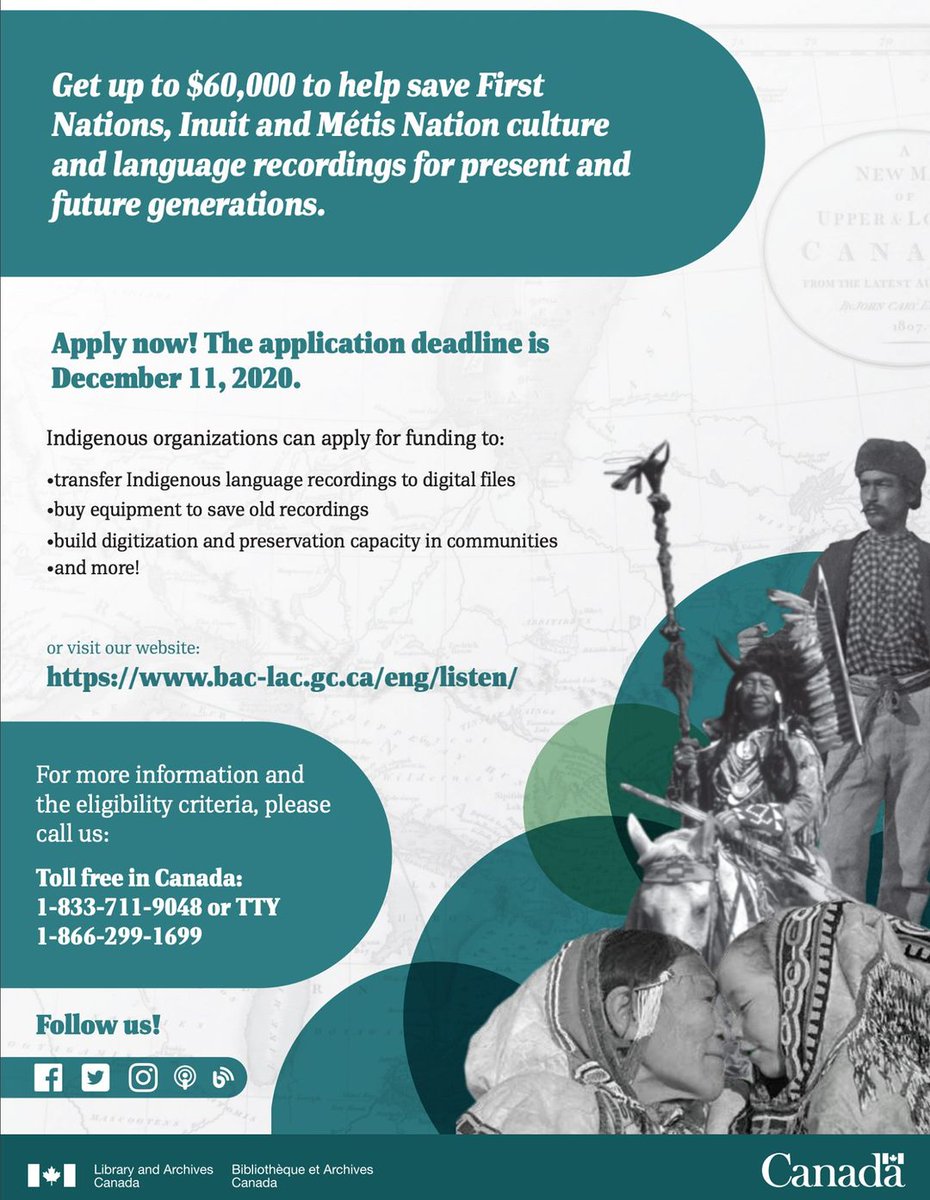 Listen, Hear Our Voices funding call. This year, the initiative provides funding of up to $60,000 per project to eligible Indigenous organizations to digitize existing culture and language recordings. For more information: bac-lac.gc.ca/.../listen/Pag…