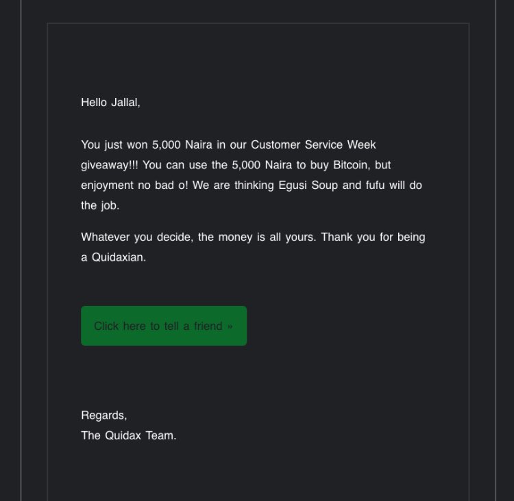 awesome_djalal's tweet photo. I just received ๐ฐโจ5k from @QuidaxAfrica in the Quidax Customer Service Week giveaway.
Should I buy #Bitcoinย ? But small enjoyment no go bad O ๐as problem no dey finish.
#QuidaxCSweek #DropYourQuidax https://t.co/ZZa1Ecx4uy