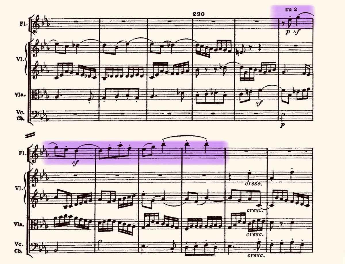 In this variation, along with the fugal subjects, the flute and horn present variations of the contredanse melody where the beat is shifted. Note how this both effectively alters and recalls this material, which rises over the texture of the fugue. 30/50