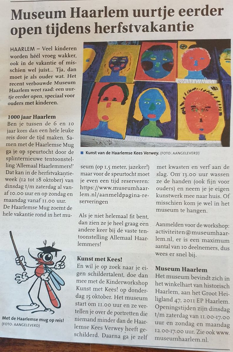 VerweyMuseum's tweet photo. Vanaf maandag gaan we in de herfstvakantie een uurtje eerder open. Handig als jouw kids ook zo vroeg opstaan! Al vanaf 10 uur met een coole speurtocht door nieuwe tentoonstelling Allemaal Haalemmers! Op donderdag schilderworkshop
#herfstvakantie #kinderen # speurtocht #keesverwey https://t.co/JKKZAKkPaf