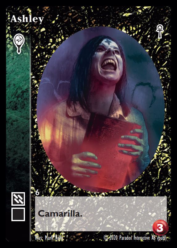 Ashley - Preview Malkavian crypt card art by Mark Kelly. More information about the upcoming Vampire: The Eternal Struggle Fifth Edition, including more previews and full decklists, is at blackchantry.com/products/curre… #vtes #vamily #malkavian
