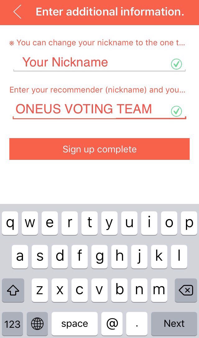 Registration1. From Homepage click on any top row icon to Log In2. Use SNS or Email to register3. Click for T&Cs4. Create a Nickname & put in recommender The Recommender will receive 1K hearts! So put in a friends’s name, or ONEUS VOTING TEAM (Important: all capitals!)