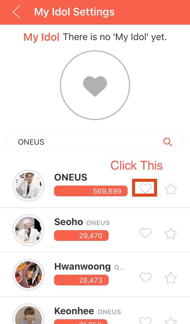 Set My Idol1. From Homepage click on My Idol2. Click Select Idol3. Search for ONEUS, & Click on the heart  next to it. You’ll be asked to confirm4. Your Idol is now ONEUS!This is very important for making ONEUS fans friends, & posting in ONEUS forum.