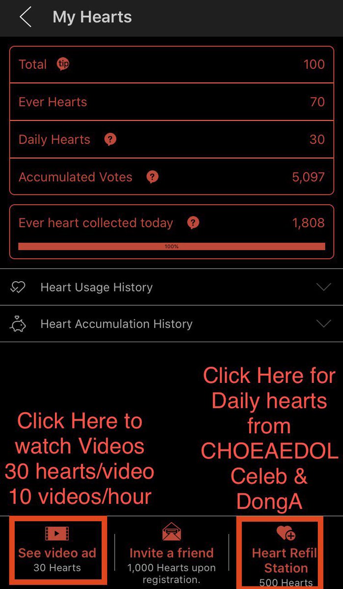 Refill hearts (Daily)1. Click on Heart icon2-4. Click bottom right to collect s set-up earlier Collect 100 from CHOEAEDOL CelebCollect 100 from DongaAd Vids watching (hourly) 1-2. Click bottom left to watch Ads- 10 vids per hour- 30 s per vid. No Max