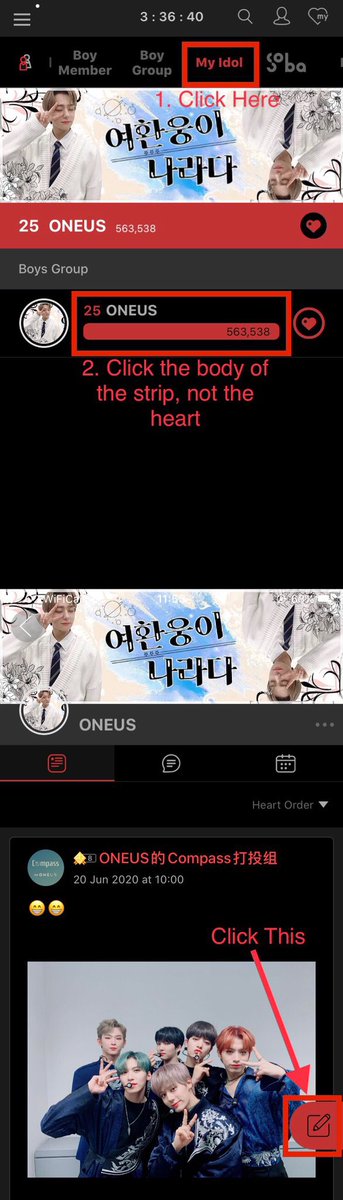 Posting Pic/Vid Link to collect 1. Click My Idol, select body of strip, not . In ONEUS forum press bottom right  icon to post2. Keep pic aspect SQUARE, select pic, then post for 1003. Next Copy & Paste vid link, then post for another 1004. Rewards collected!
