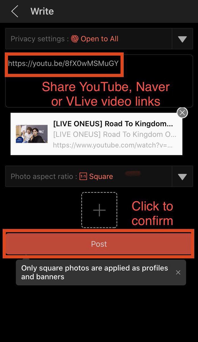 Posting Pic/Vid Link to collect 1. Click My Idol, select body of strip, not . In ONEUS forum press bottom right  icon to post2. Keep pic aspect SQUARE, select pic, then post for 1003. Next Copy & Paste vid link, then post for another 1004. Rewards collected!