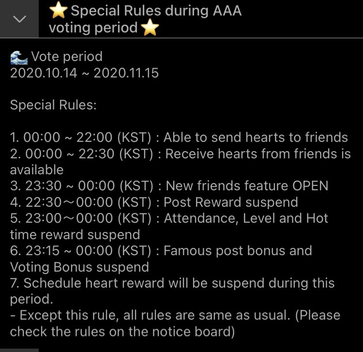 AAA Voting Period Special Rules (Last thing, I promise)Here are some important times to remember during the voting period- 23:30 Voting Ends- 22:30~00:00 No Post Reward- 23:00~00:00 No Attendance, Level & Hot Time reward- 23:15~00:00 No Famous Post & Voting Reward