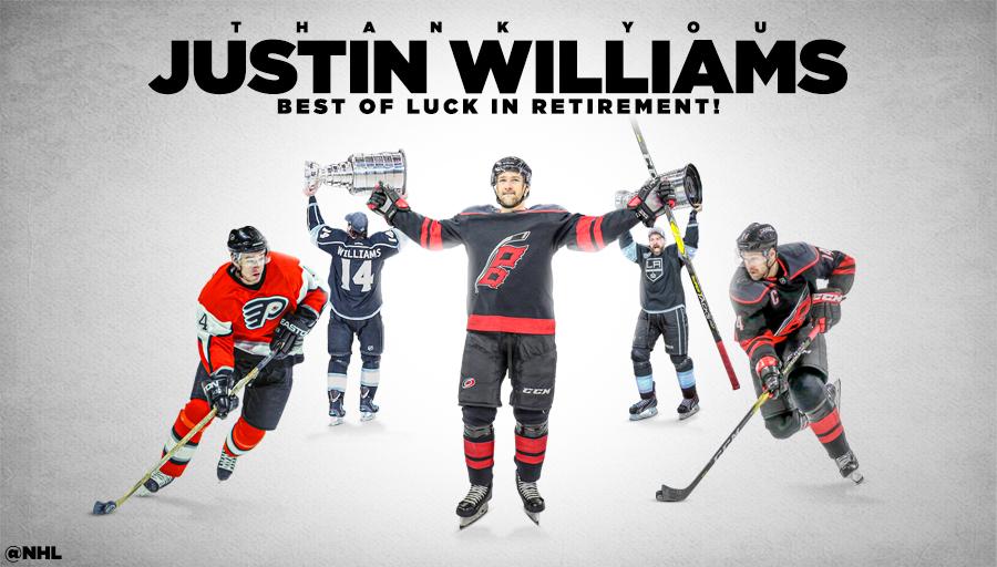 NHL's tweet image. Mr. Game 7 has called it a career. All the best in retirement, @JustinWilliams! 

MORE ➡️ bit.ly/2GO0h8i