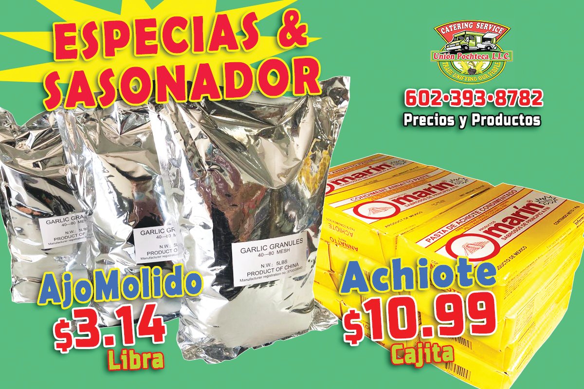 UnionPochteca's tweet photo. $10.99 ACHIOTE MARIN- Cajita de 1KG
$3.14 LA LIBRA DE AJO MOLIDO BOLSA 5 LBS
NO Tax a Reevendedores!
#UnionPochteca #FoodTruck #StreetFood #RestaurantPhoenix #FastFoodPhoenix #LocalBusiness #Weddings #Fiestas #PartyEvents #Catering https://t.co/mkN8rvtUbr