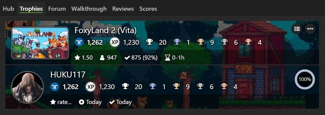 HUKU117's tweet photo. FoxyLand 2 (PS Vita) Platinum#166 and 100% Complete
#TrophyHunter #PlatinumTrophy #PlayStation #PSVita #RatalaikaGames #BugStudio #FoxyLand2 https://t.co/NUQQgMi91e