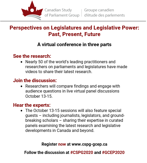 1/15 Our annual conference website is now live!

The event is fully virtual with both prepared videos and live sessions exploring the latest research on #parliaments and #legislatures from around the world

Register at cspg-gcep.ca or read this thread for panel details