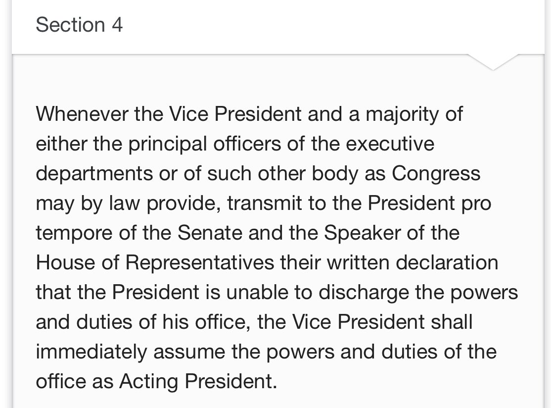 A brief explainer: As a default, Section 4 vests power in the Vice President and the Cabinet to make a determination of a president's inability to carry out his or her duties. But ...