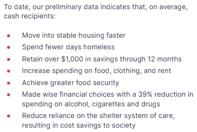 A 2018-19 experiment in Vancouver, BC provided $7500 unconditional cash to 50 homeless people. As a result they spent less time in shelters, saving the shelter system $8100 per person. Drug and alcohol use also went down 39%, plus food security improved. https://twitter.com/scottsantens/status/1313941108628520961