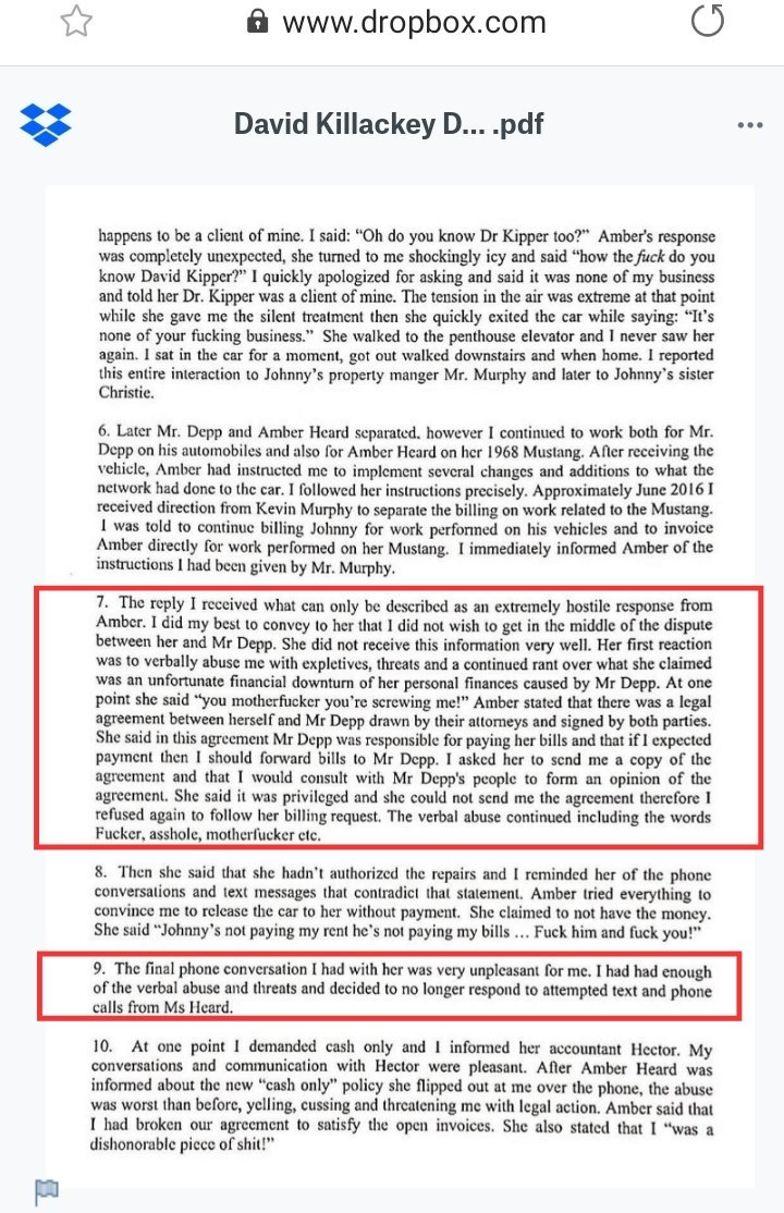 5- David Killackey (car mechanic who worked on Amber Heard's car)-Verbal Abuse:In his declaration, DK describes the verbal abuse/threats he was subjected to by Amber Heard & her father. Also, she was hitting on her husband's mechanic. #AmberHeardIsAnAbuser #JusticeForJohnnyDepp