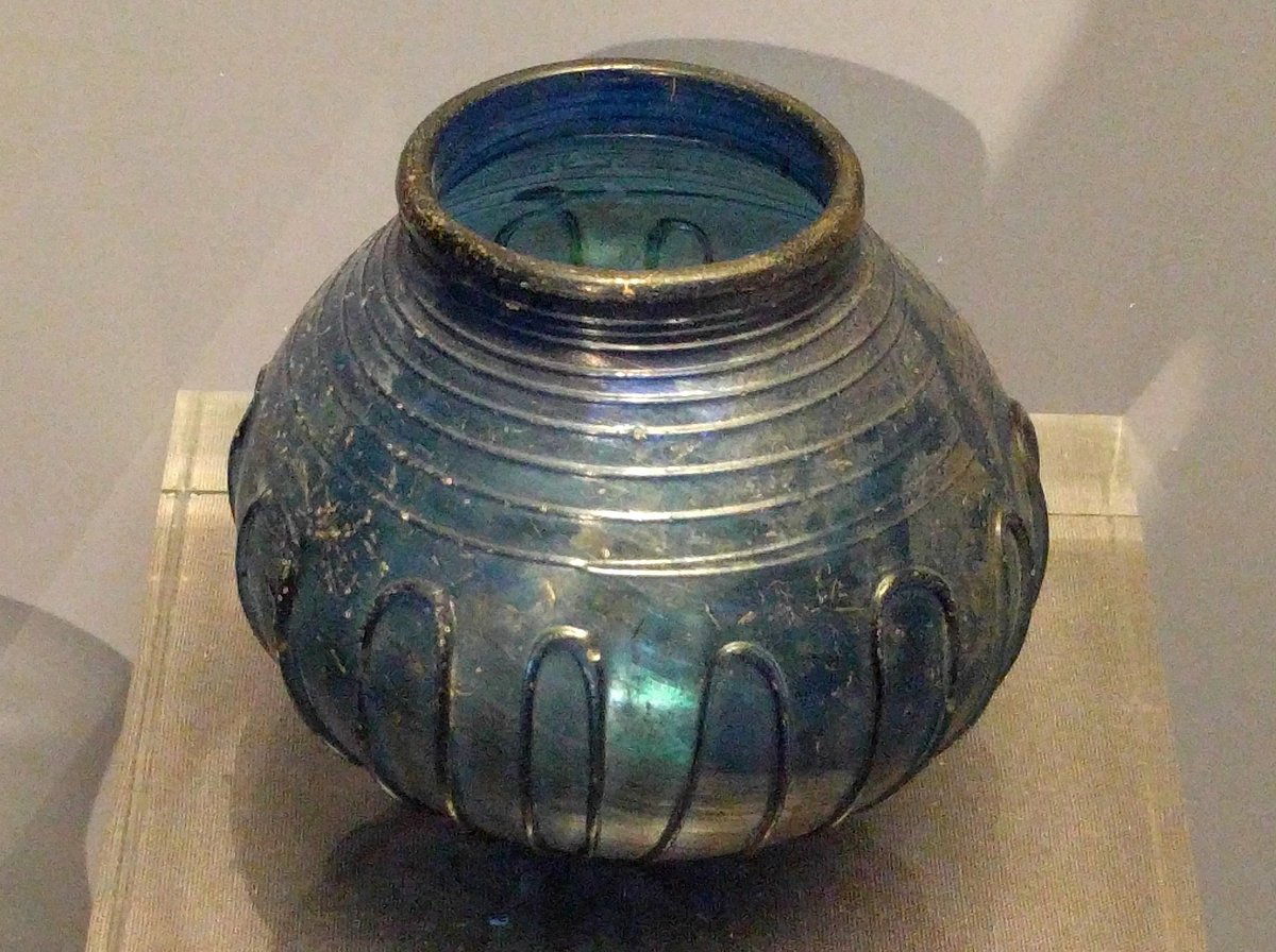 Anglo-Saxon blue glass bowl, c. 600 AD, from Cuddesdon, Oxfordshire; in the Ashmolean Museum.