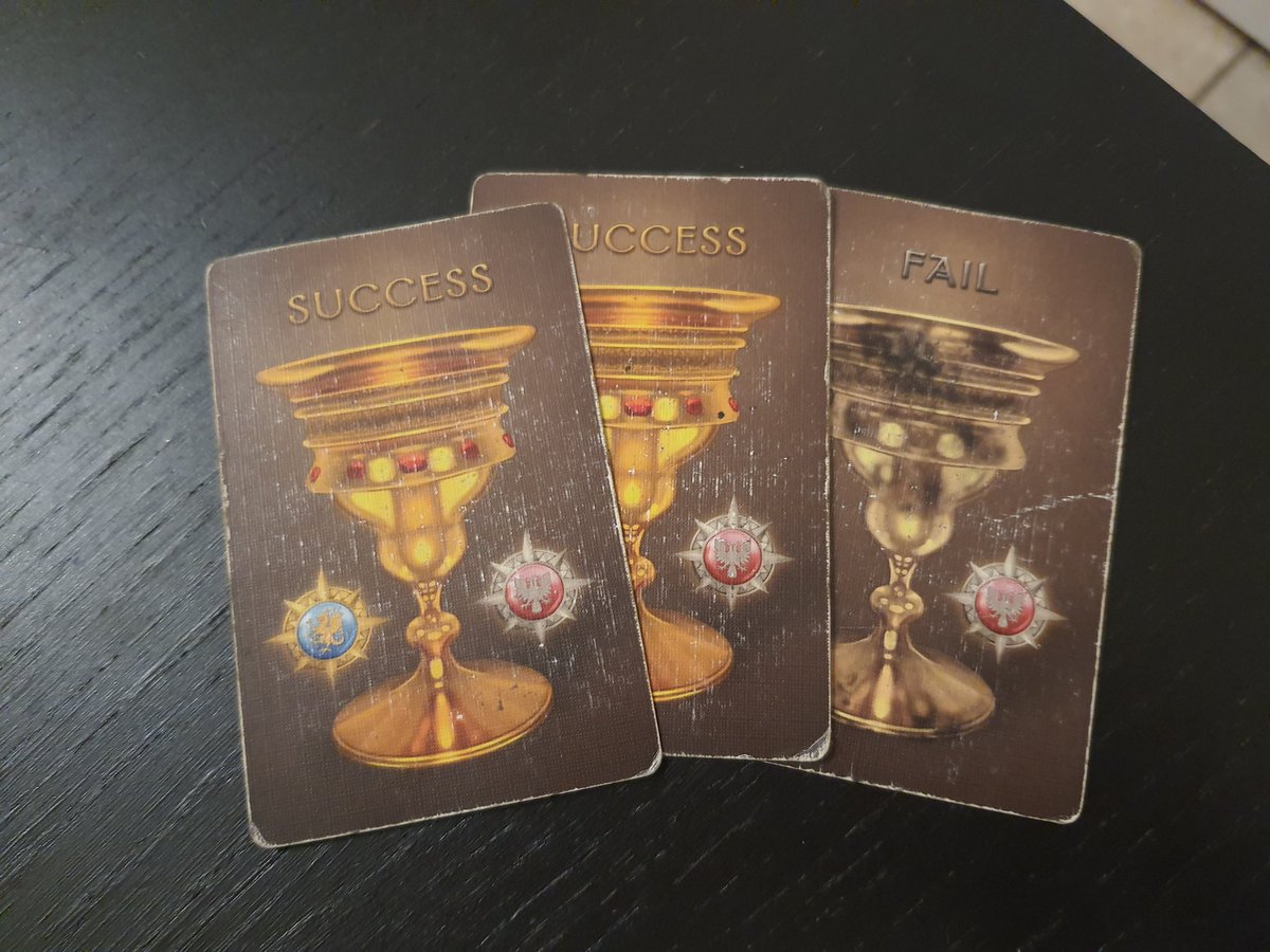 ExampleLet's say I turned the cards and this was the resultsI will put the red token on the mission and the leader will be passed clockwise and the next player will choose 4 people to send on a mission+++