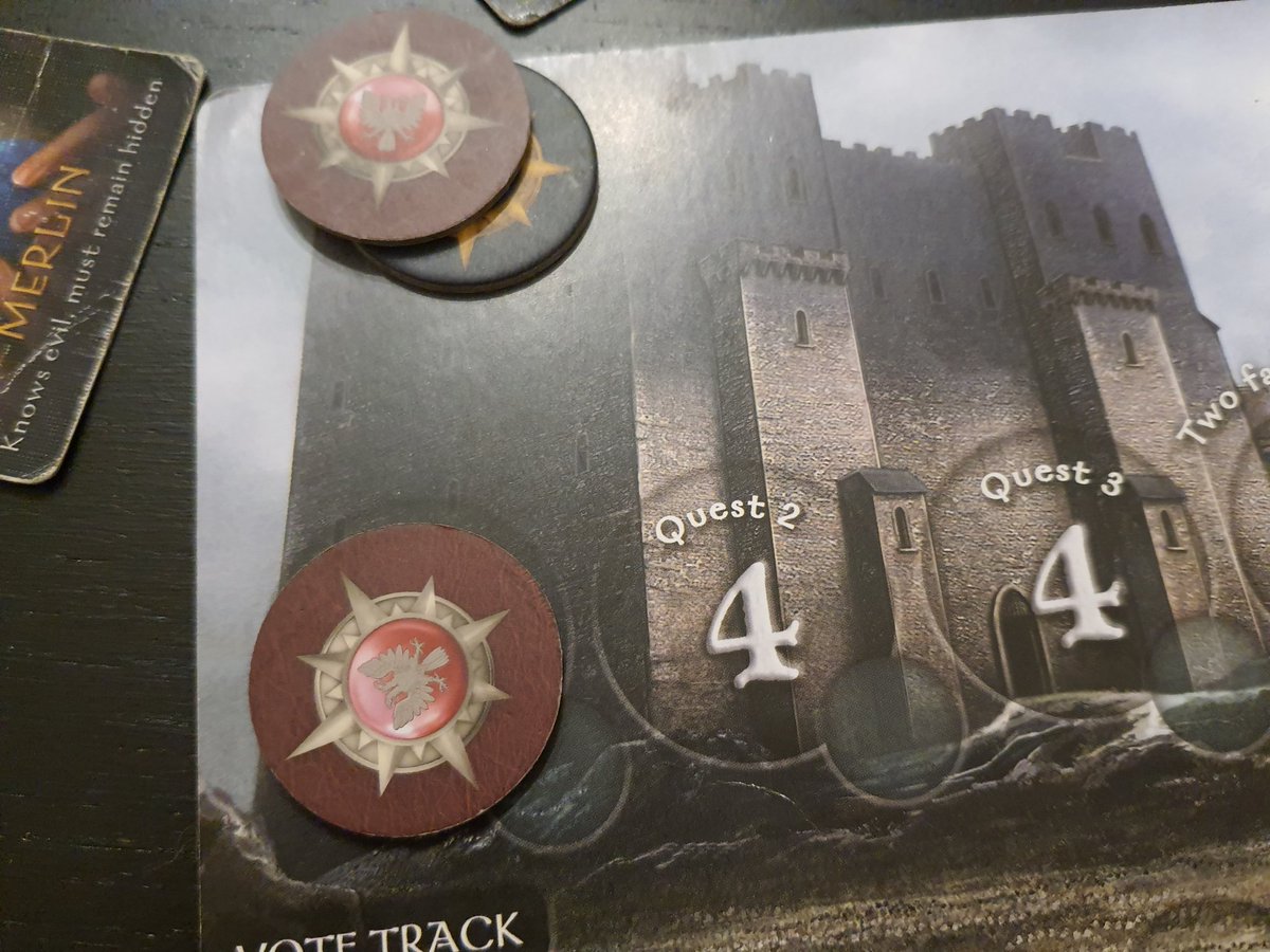 ExampleLet's say I turned the cards and this was the resultsI will put the red token on the mission and the leader will be passed clockwise and the next player will choose 4 people to send on a mission+++