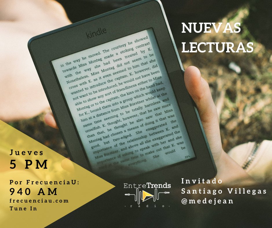 EntreTrendsCo's tweet photo. En minutos estaremos en #EntreTrends, hablando con @medejean de nuevas lecturas y como de la mano con la tecnología.

Incluyendo consejos buenísimos para quienes desean leer, sin salir de casa y gratis.

Conéctate a los 940 AM de @Frecuencia_U, TuneIn o https://t.co/Lr4O6Lz6K5. https://t.co/LdkGFi5Ga9