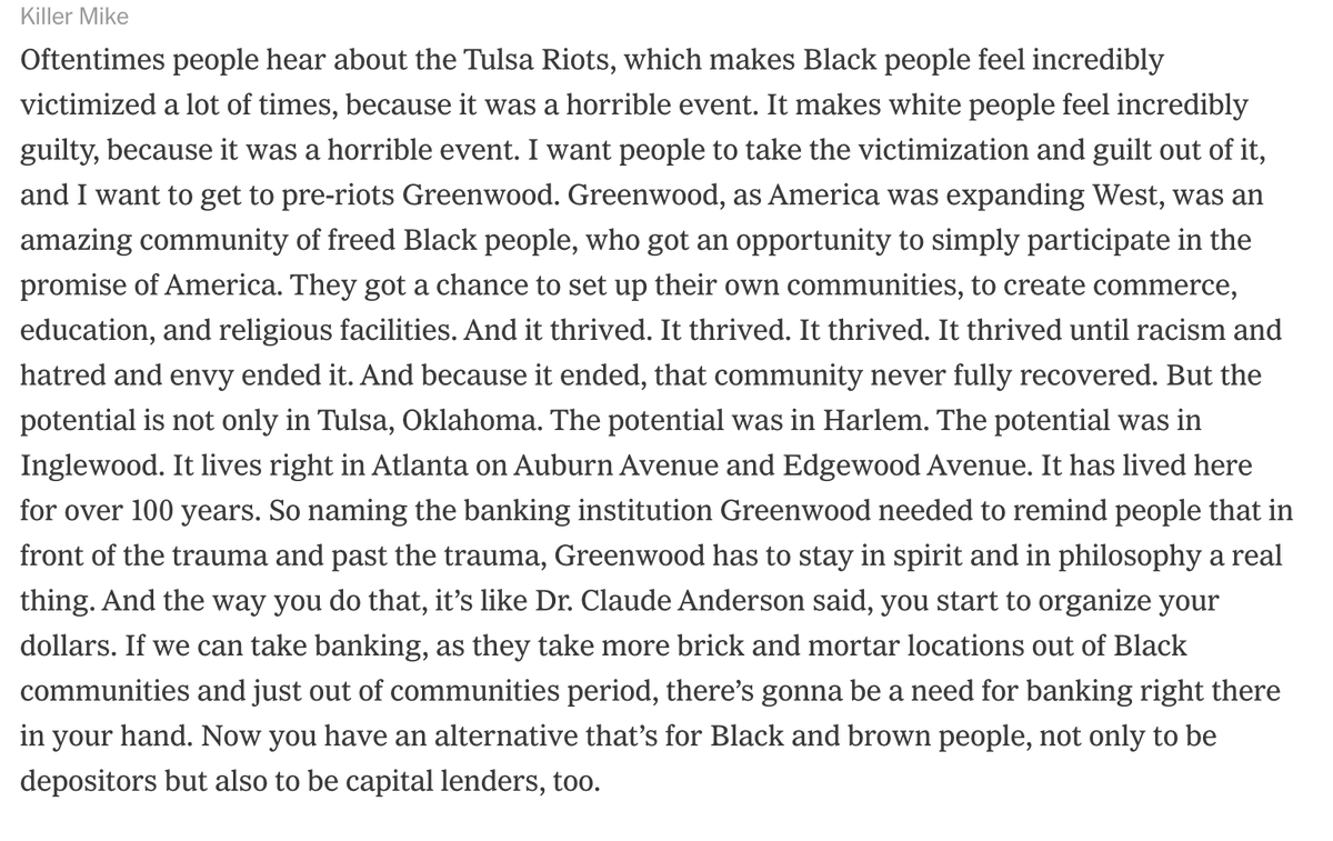 In fact he presents Black capitalism as the solution to the problems facing Black people through romanticizing Black Wall Street in Tulsa.