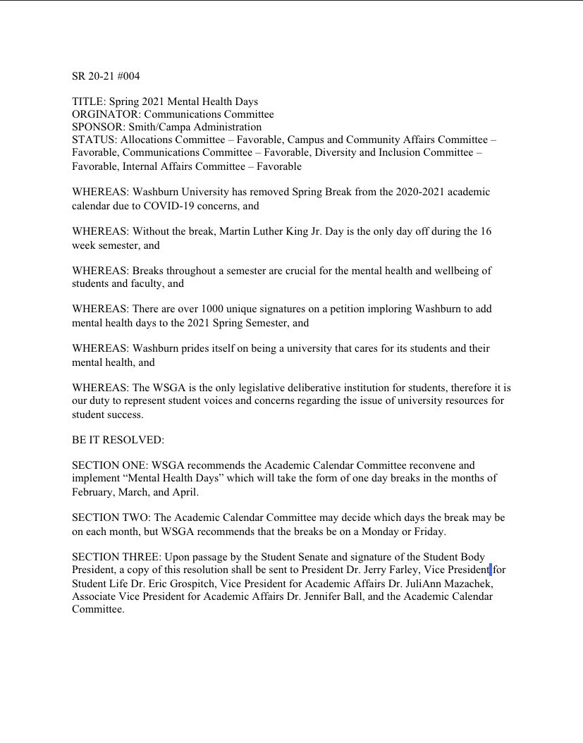 yourWSGA's tweet photo. Here is the resolution that WSGA read and passed at last night’s meeting following the Public Forum concerning the elimination of all breaks during the 2021 Spring semester. https://t.co/EapBaM1TtV