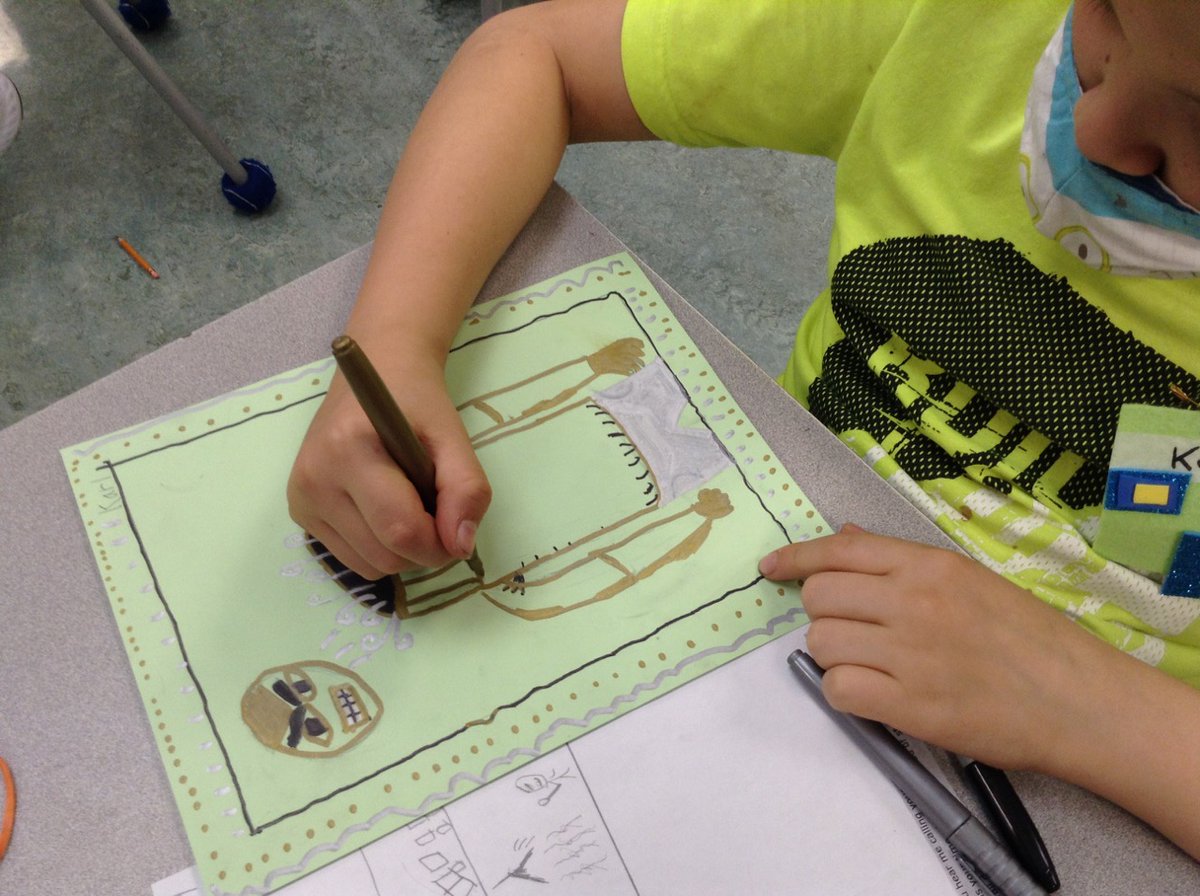 Ms_C_Dickson's tweet photo. Gr5  Art- Using gold, silver, black &amp; the colour of their paper, students began creating their illustrations. Each student used a stanza from "Don't Lose Your Steam"(G.Porter) as inspiration for this drawing. Check back for finished work next week! #Edgemontstrong 
@EdgemontCBE https://t.co/NNBNzSLjPj