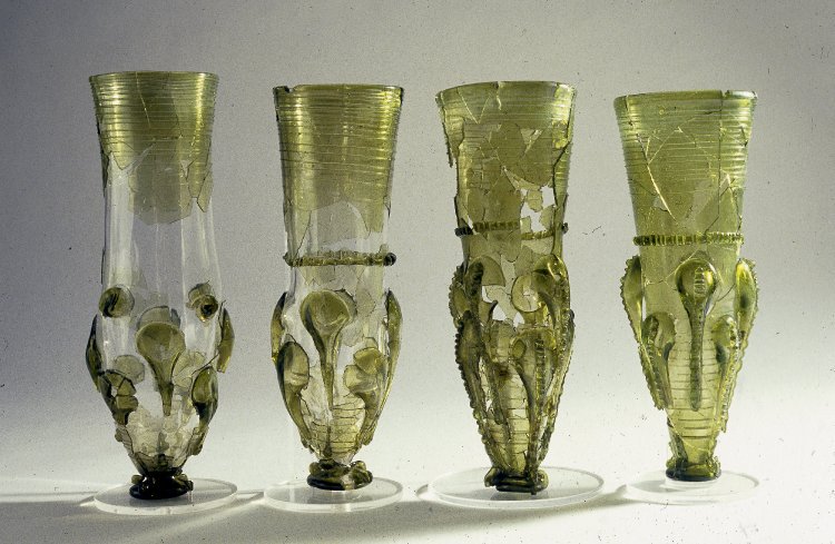 Four green glass claw beakers, found in the early 7th-century Anglo-Saxon barrow burial at Taplow:  https://www.britishmuseum.org/research/collection_online/collection_object_details.aspx?objectId=89085&partId=1&place=30381&plaA=30381-3-1&sortBy=imageName&page=1