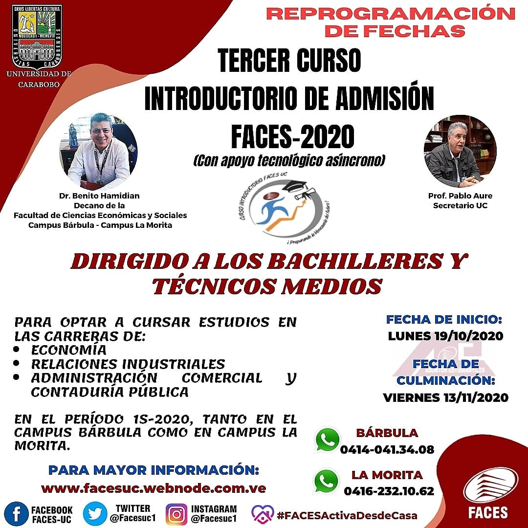 SITEA_FACES's tweet photo. El Dr. Benito Hamidian, Decano de #FACES y el Prof. Pablo Aure Secretario UC, informan la #ReprogramaciónDeFechas del Proceso de Inscripción del 3er. Curso Introductorio de Admisión FACES 2020
Si estas interesado en estudiar #Economía #RRII #ACCP 
Ingresa:
https://t.co/pdZt36BIie https://t.co/qIPxr1KeRb