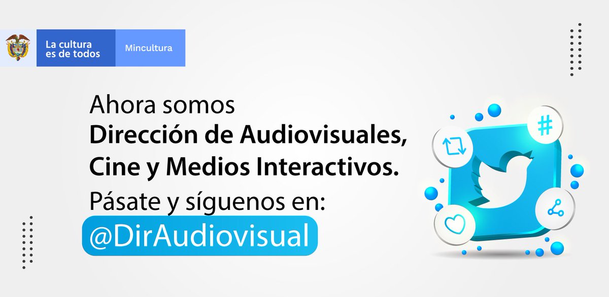Nos trasladamos. Tenemos nueva cuenta donde podrás encontrar la información relacionada con las acciones de la nueva Dirección de Audiovisuales, Cine y Medios interactivos para el desarrollo audiovisual, sonoro, de cine y  medios interactivos del país. Síguenos @DirAudiovisual