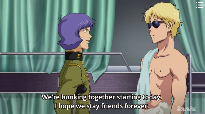 The OVA cut out what is probably my fav exchange between them. Garma telling Char to not think of him as a Zabi is twofold hilarious, both because (as Char points out) Garma abuses his privilege constantly and, of course, because of Char's revenge plans. Why would they cut it?