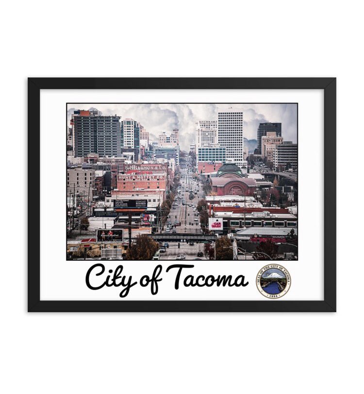 AllHrsOfficial's tweet photo. The City of Tacoma poster, printed on thick, durable, matte paper. Framed in a matte black or white frame made from renewable forests wood. Perfect for your home, office or Tacoma business. An edition of the City of Clouded Destiny Collection. Delivered, ready to hang. https://t.co/8ZN4kT6gKD