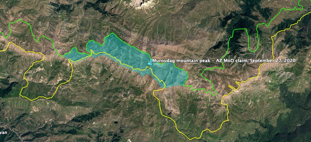 A couple changes:-September 27 Azeri MoD claim of taking Murovdag peak-October 8 geolocation in no man's land southeast of Horadiz, plus the Horadiz claim by Azeri MoD