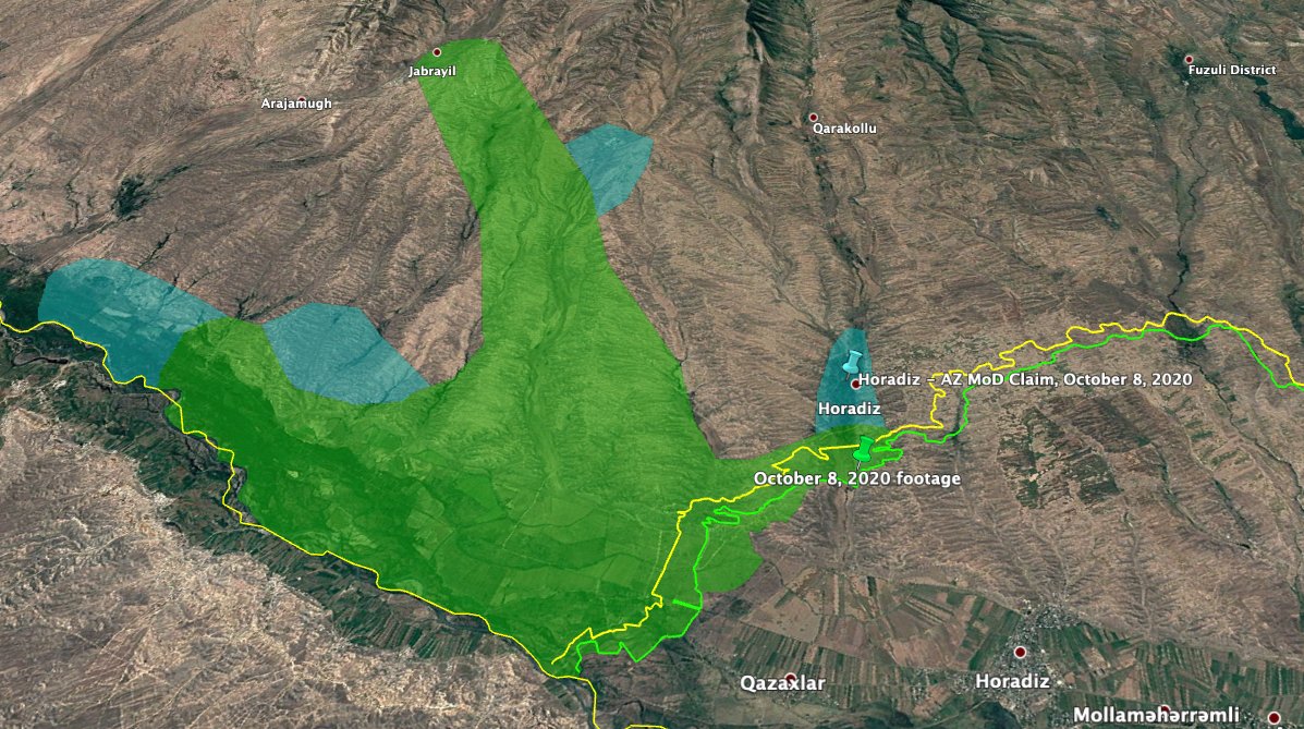 A couple changes:-September 27 Azeri MoD claim of taking Murovdag peak-October 8 geolocation in no man's land southeast of Horadiz, plus the Horadiz claim by Azeri MoD