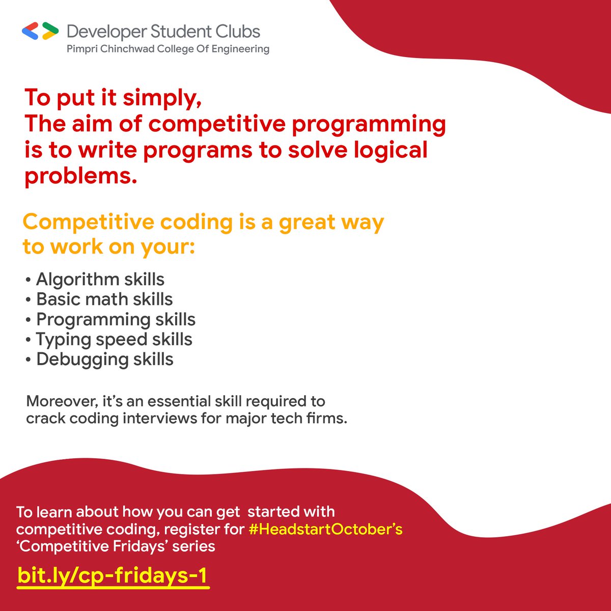 gdscpccoe's tweet photo. What is Competitive Coding? How can you learn it? To get answers to these questions, remember to join us for Competitive Fridays Session #1 today at 5 PM π―π―
https://t.co/Lti4J1qMNP
#HeadstartOctober #dscpccoe #developerstudentclubs #dsc #googledevelopers https://t.co/jBfHK7KAFo
